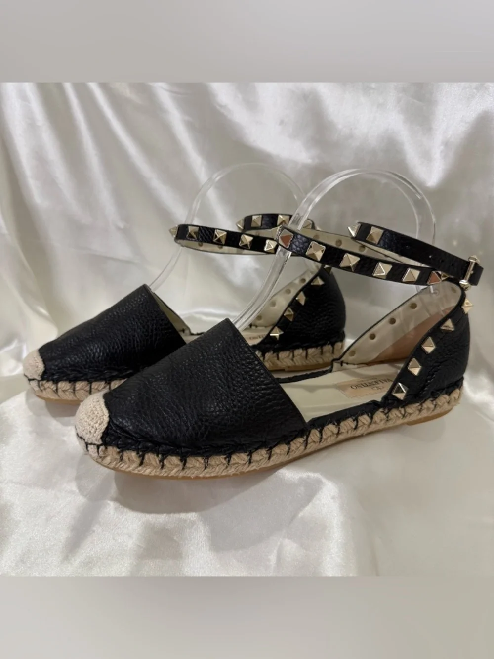 Valentino Garavani Rockstud Espadrille Sandals Leather Wrap Black Size 35 US 5